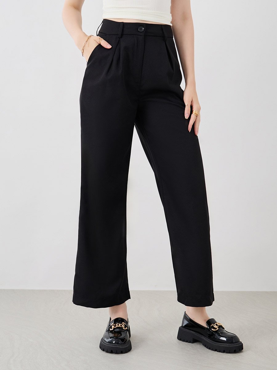 Black Solid Pleated Loose Fit Pants