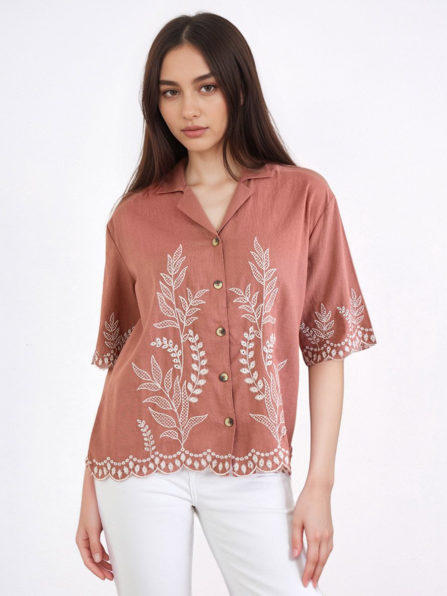 Brown Floral Embroidered Shirt