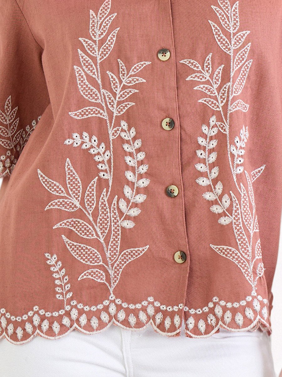 Brown Floral Embroidered Shirt
