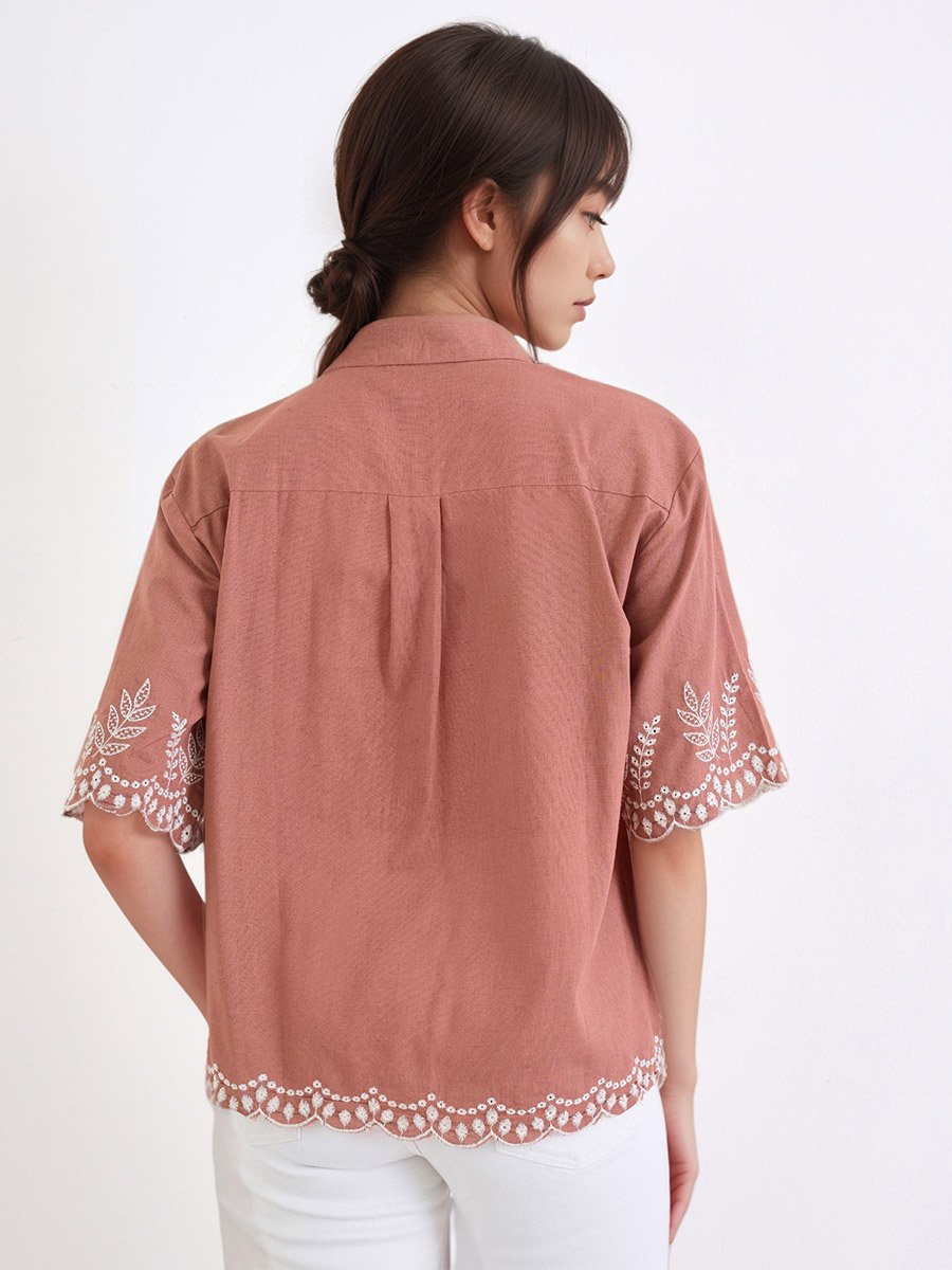 Brown Floral Embroidered Shirt