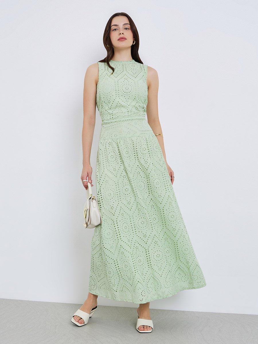 Green Sleeveless Schiffli Blouse