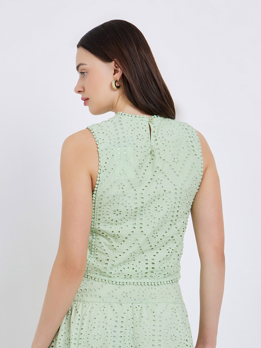 Green Sleeveless Schiffli Blouse