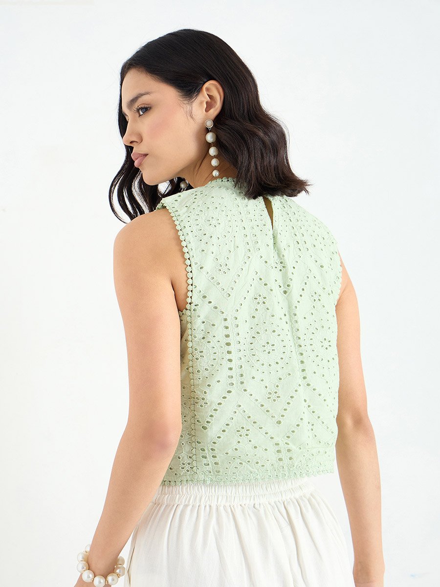 Green Sleeveless Schiffli Blouse
