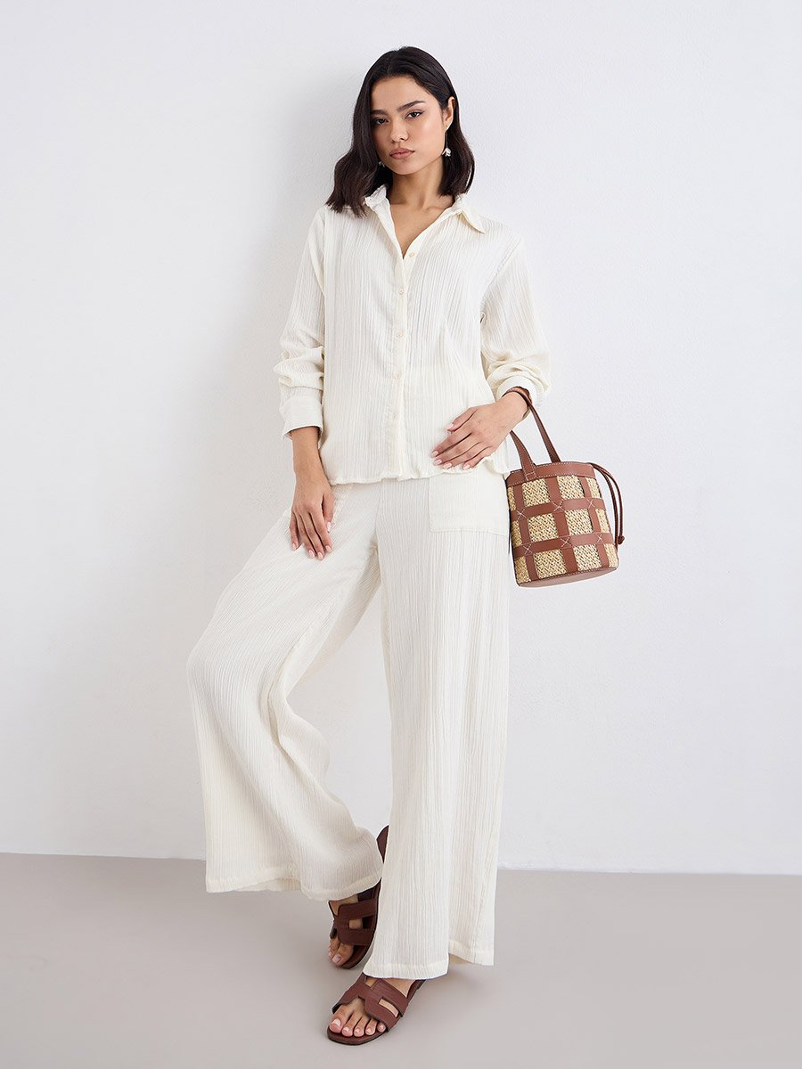 Women Off White Textured Oversized Shirt
