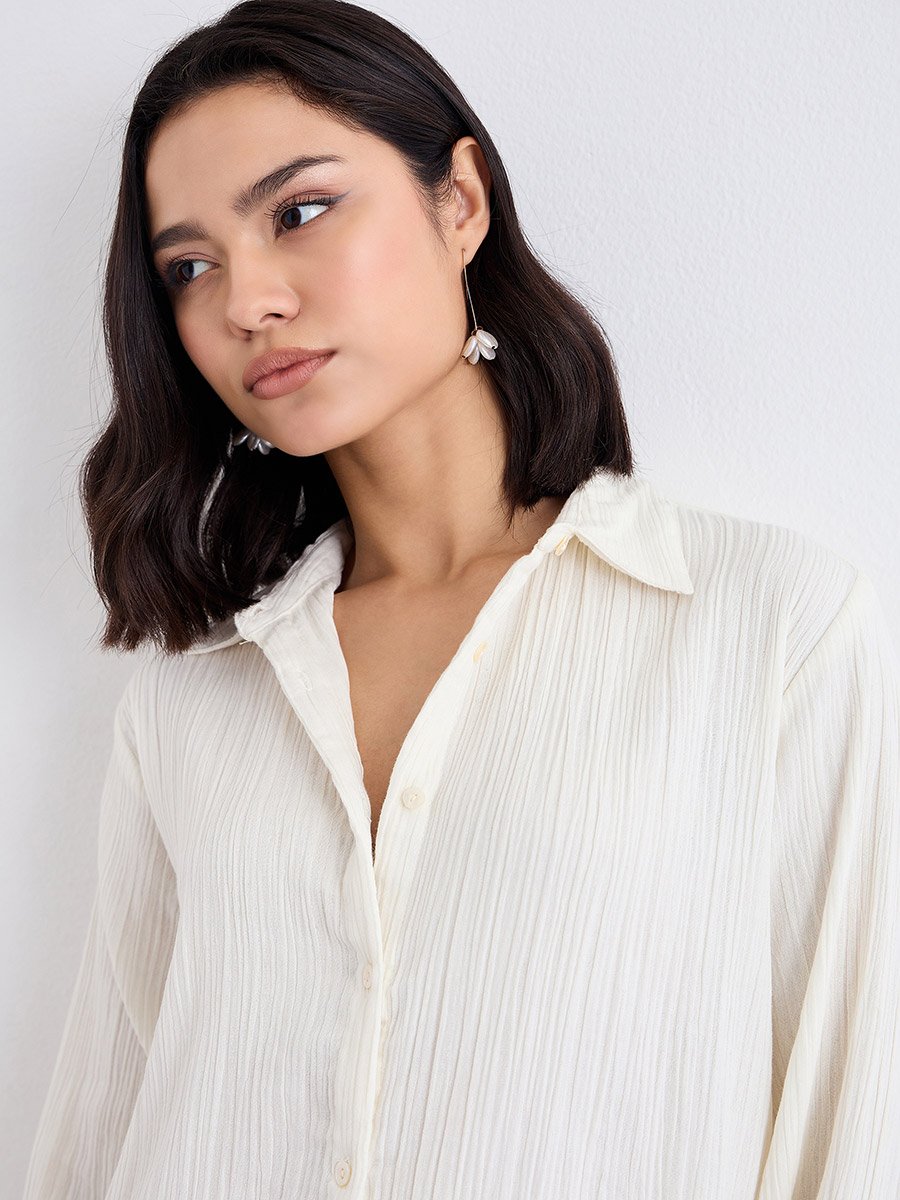 Women Off White Textured Oversized Shirt
