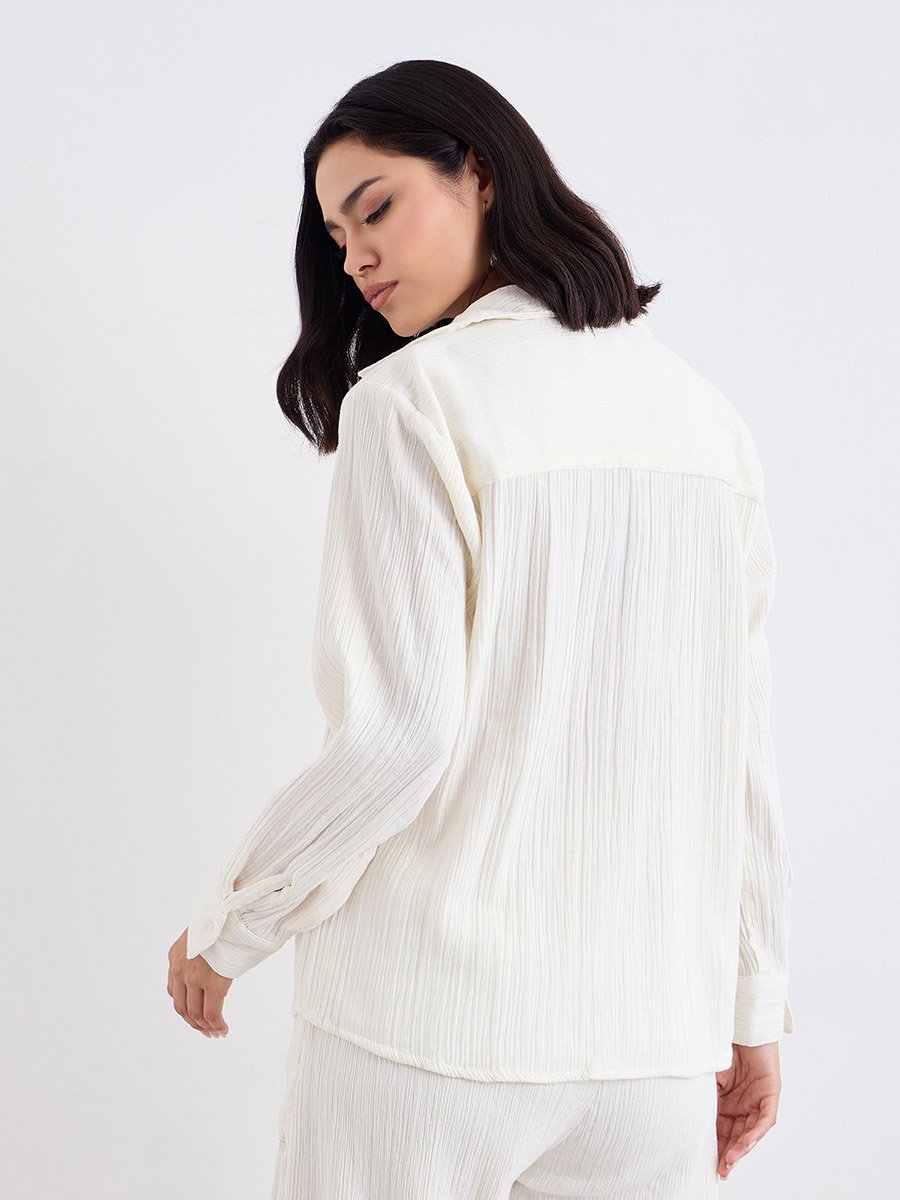 Women Off White Textured Oversized Shirt