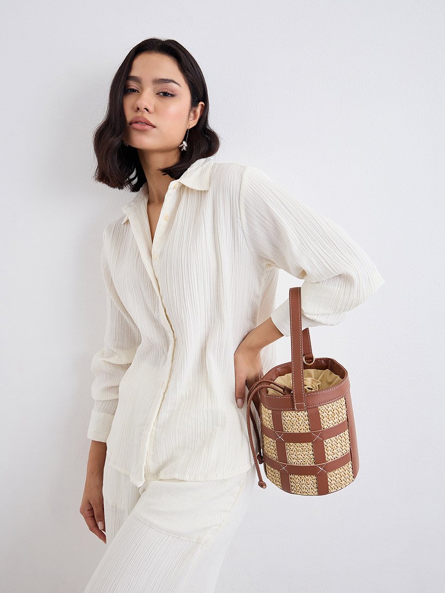Women Off White Textured Oversized Shirt