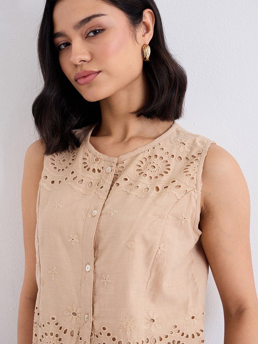 Beige Embroidered Sleeveless Top