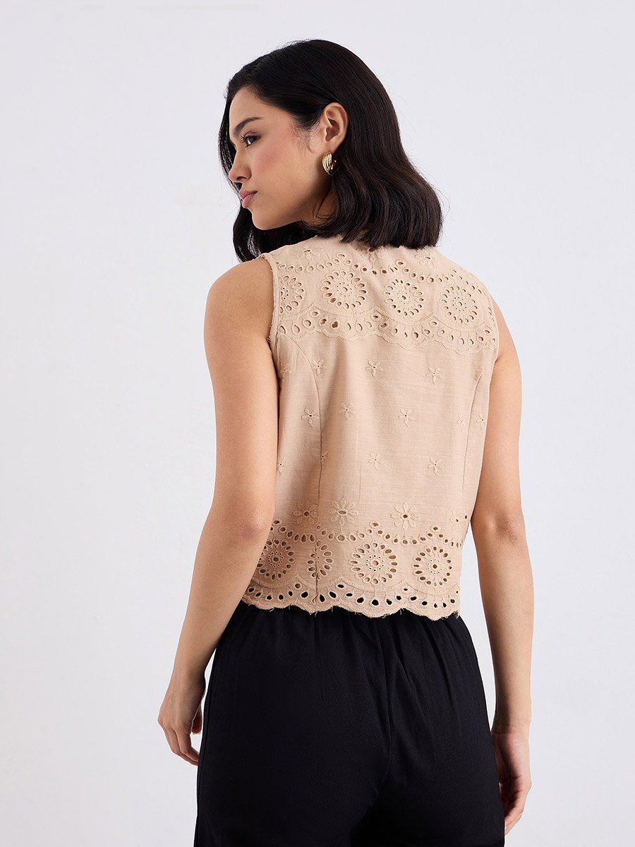 Beige Embroidered Sleeveless Top