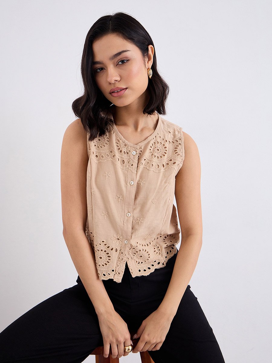 Beige Embroidered Sleeveless Top