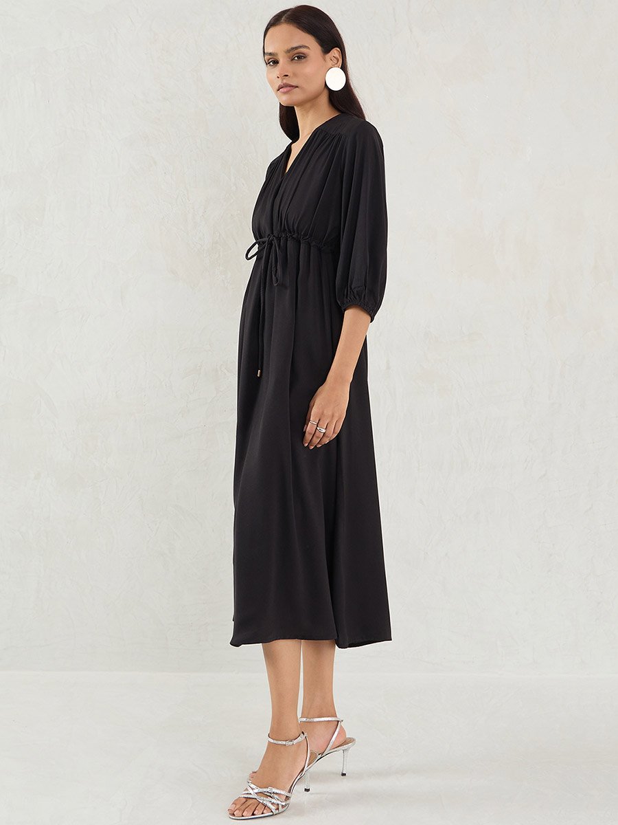 Satin Ruched Waist V-Neck Midi Dress