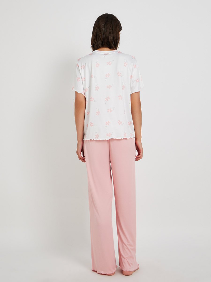 Floral Printed T-Shirt and Solid Pyjama Set