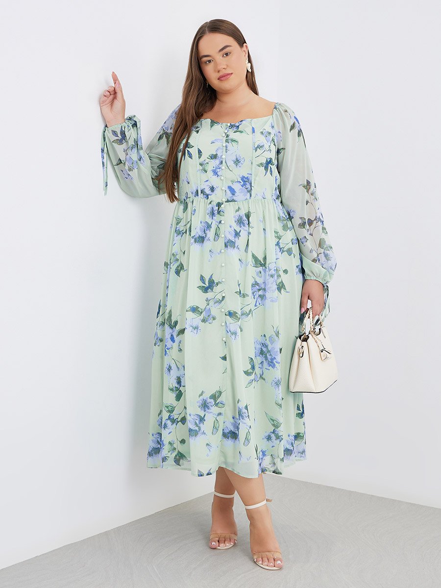 Plus Green Midi Dress with Floral Print