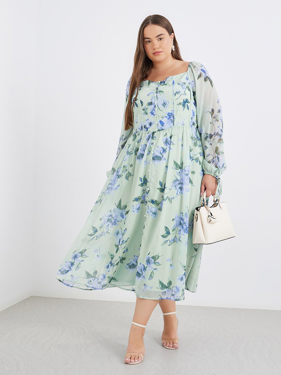 Plus Green Midi Dress with Floral Print
