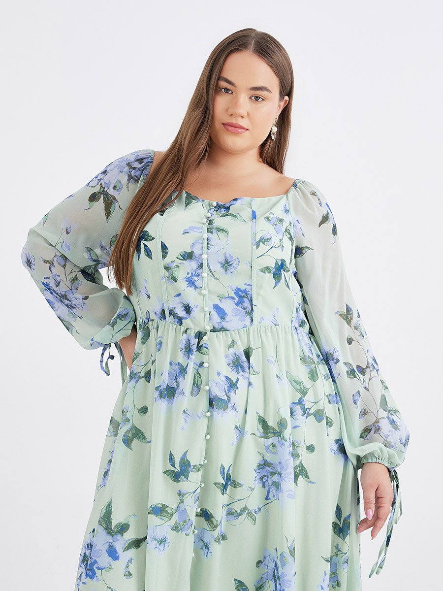 Plus Green Midi Dress with Floral Print