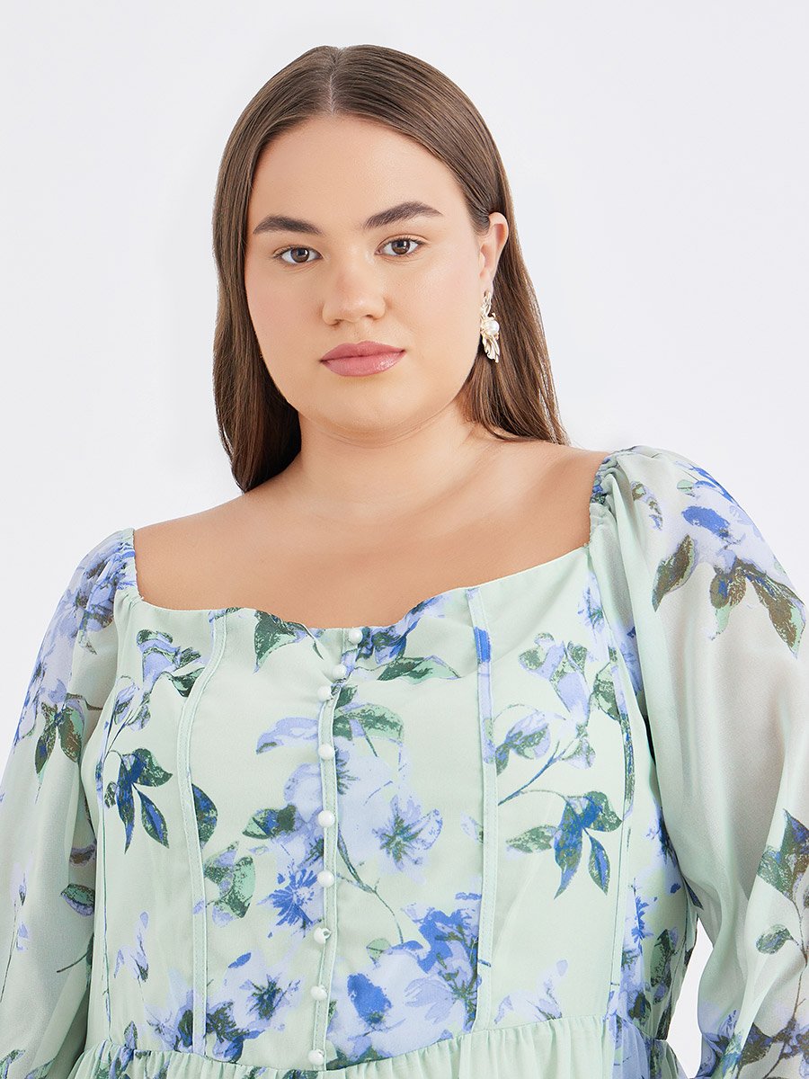 Plus Green Midi Dress with Floral Print