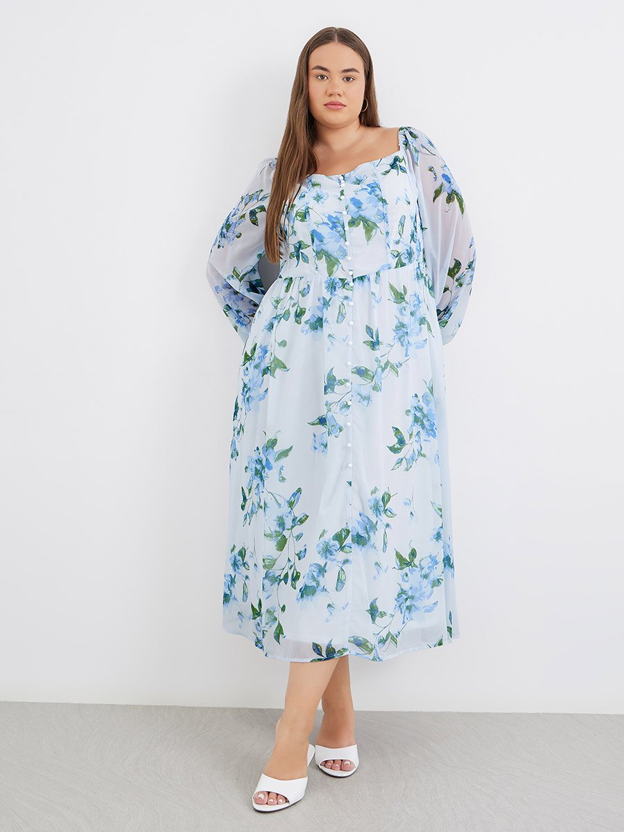 Plus Blue Midi Dress with Floral Print
