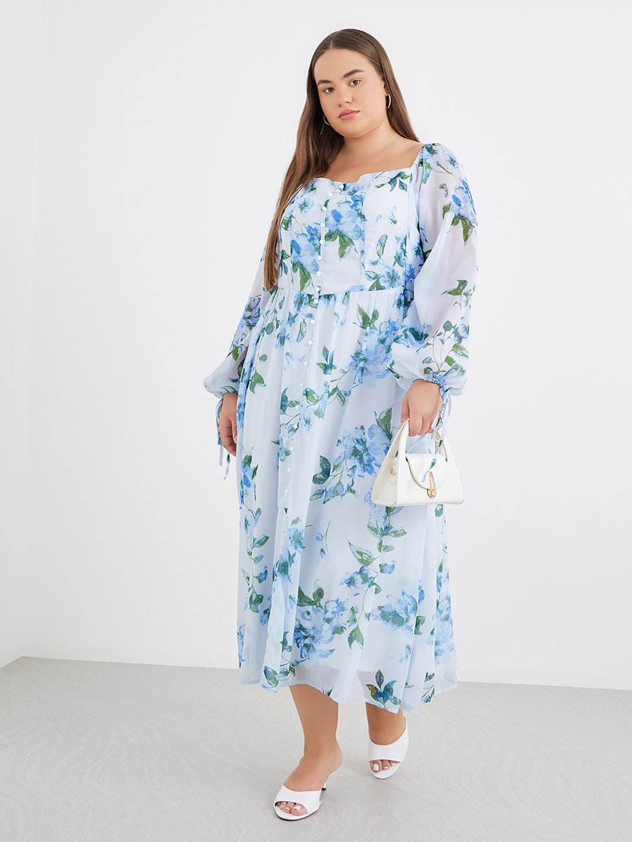 Plus Blue Midi Dress with Floral Print