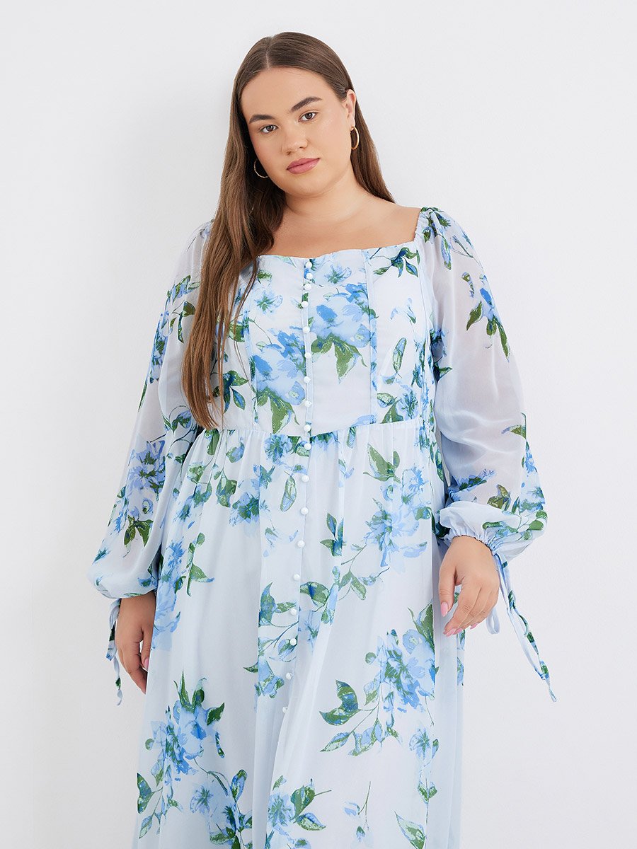 Plus Blue Midi Dress with Floral Print