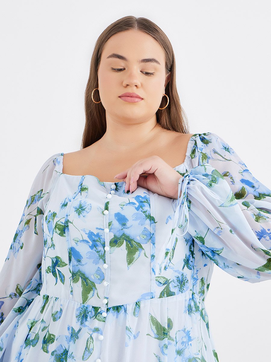 Plus Blue Midi Dress with Floral Print