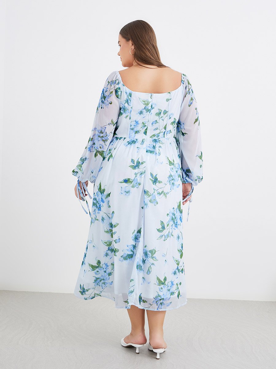 Plus Blue Midi Dress with Floral Print