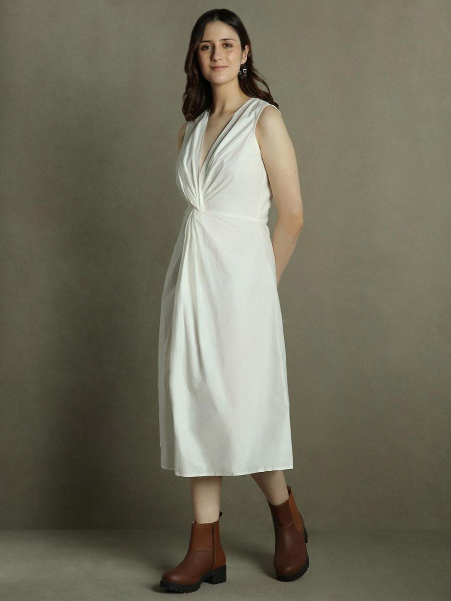 Solid V-Neck Midi Dress