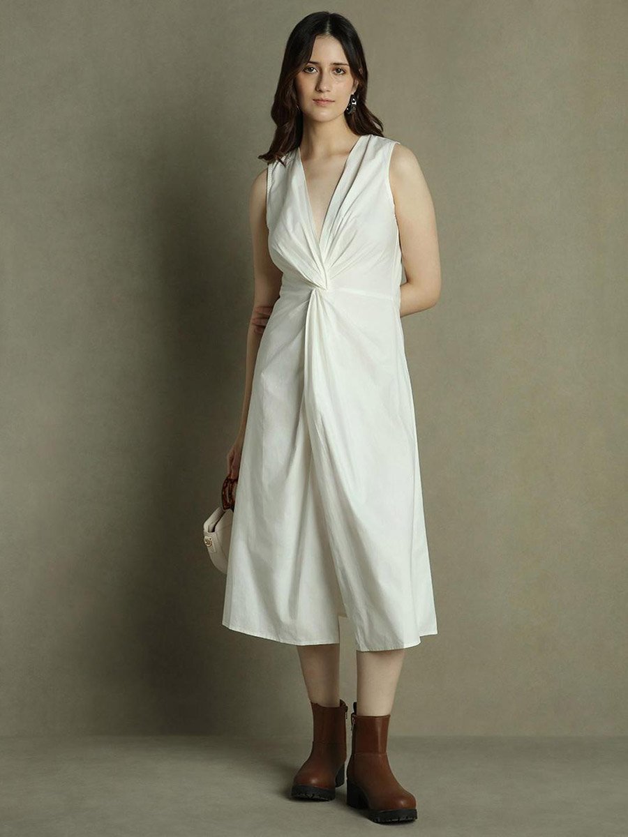 Solid V-Neck Midi Dress