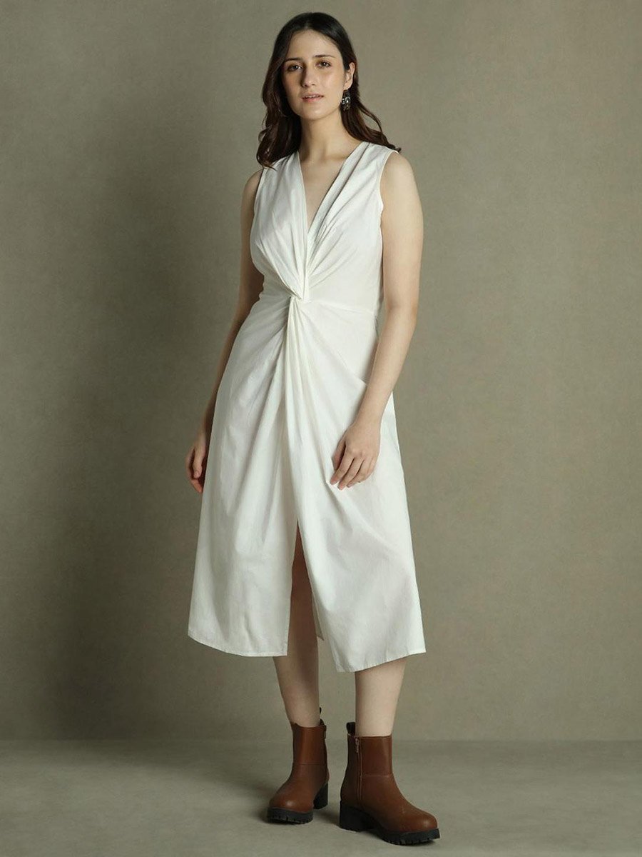 Solid V-Neck Midi Dress