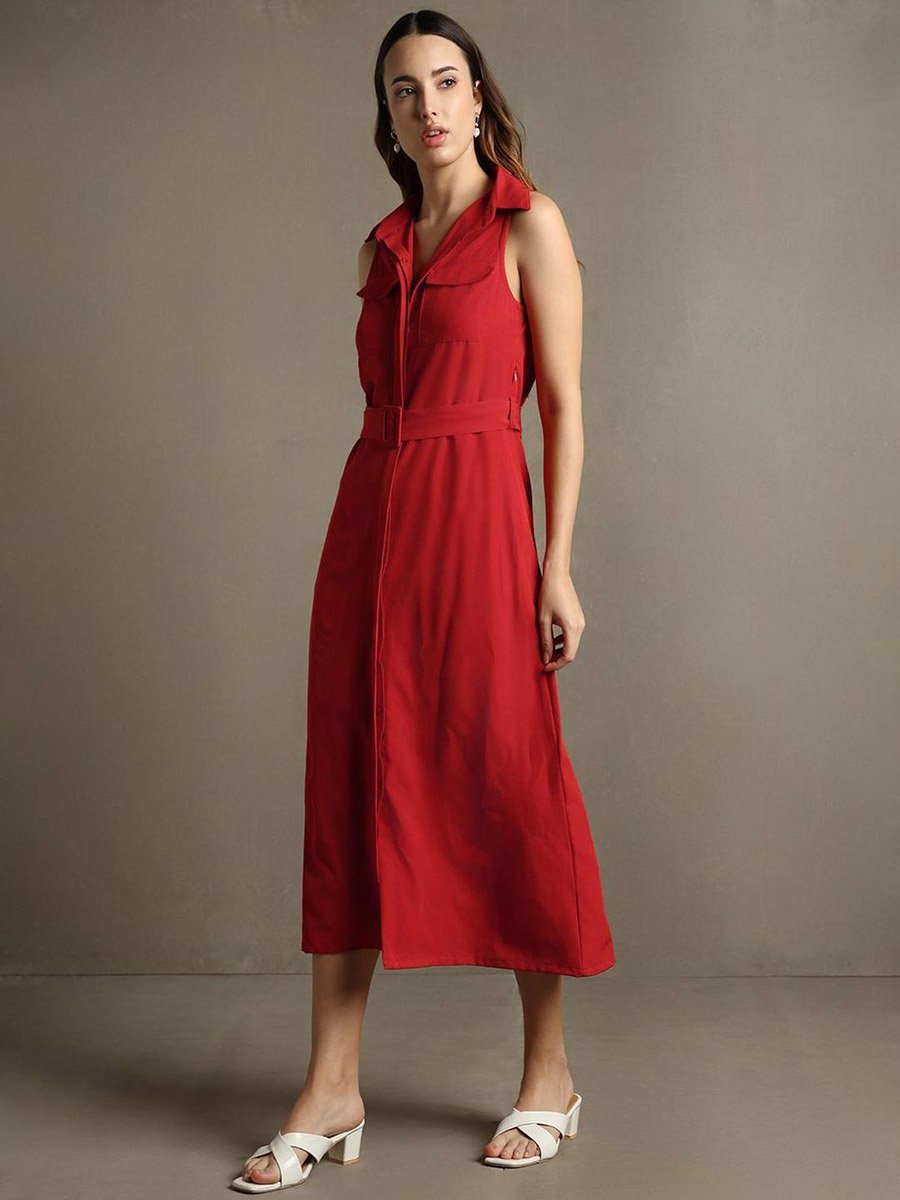 Shirt Collar Sleeveless Shirt Midi Dress