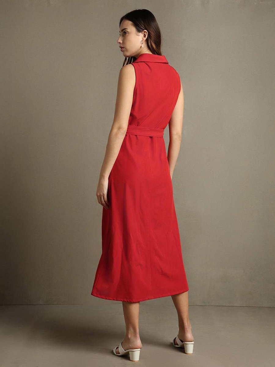 Shirt Collar Sleeveless Shirt Midi Dress