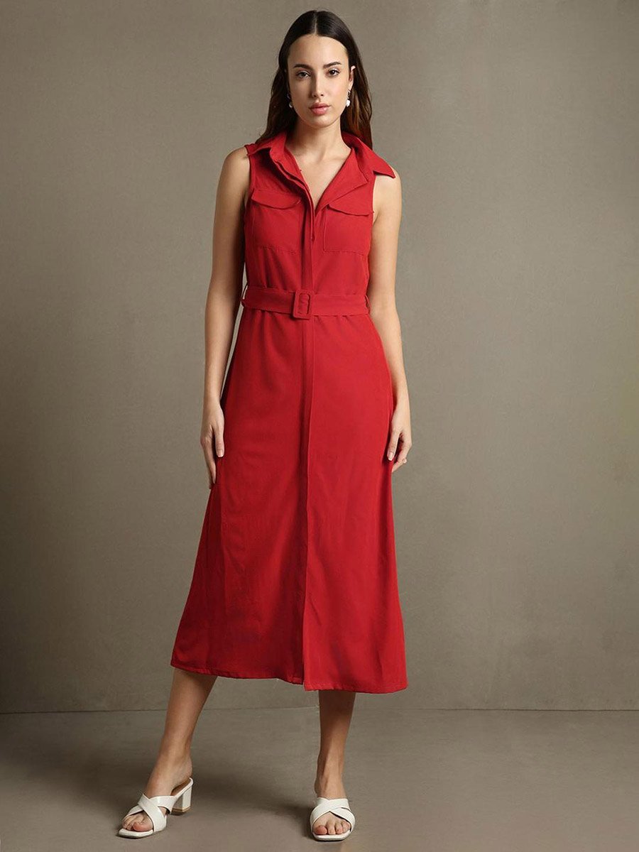 Shirt Collar Sleeveless Shirt Midi Dress
