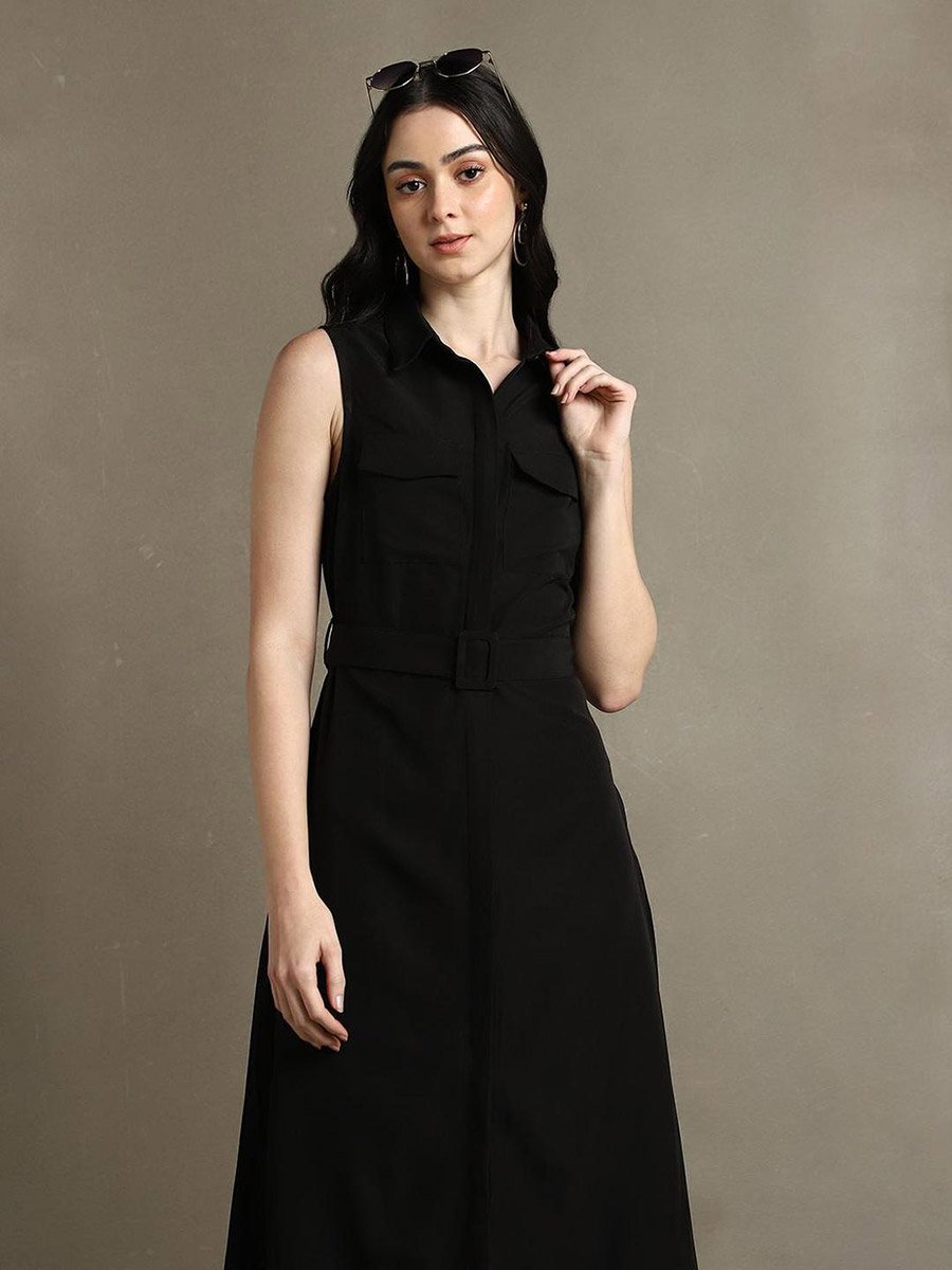 Sleeveless Belted Shirt Midi Dress
