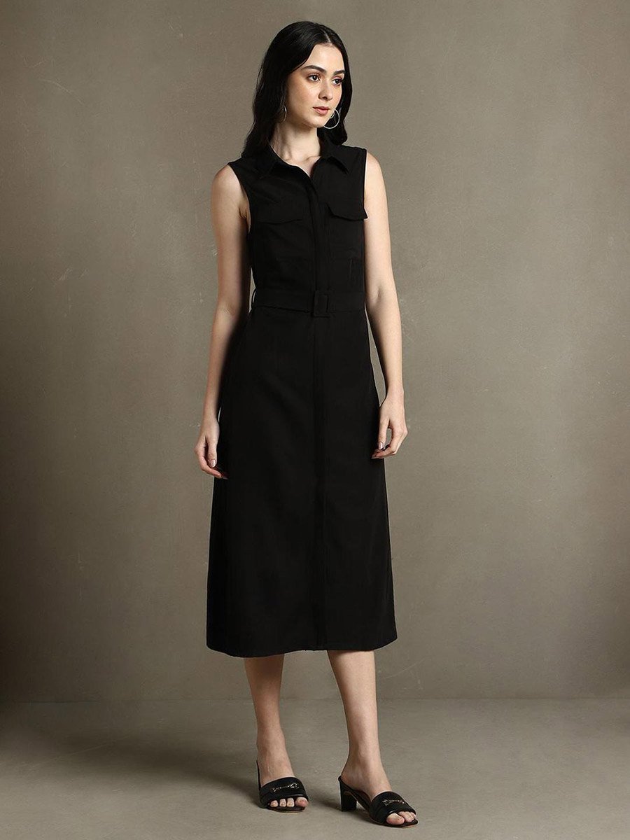 Sleeveless Belted Shirt Midi Dress
