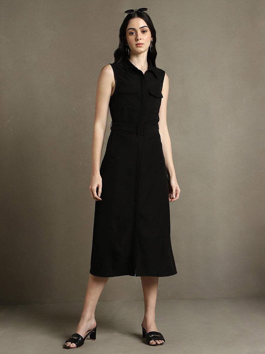 Sleeveless Belted Shirt Midi Dress