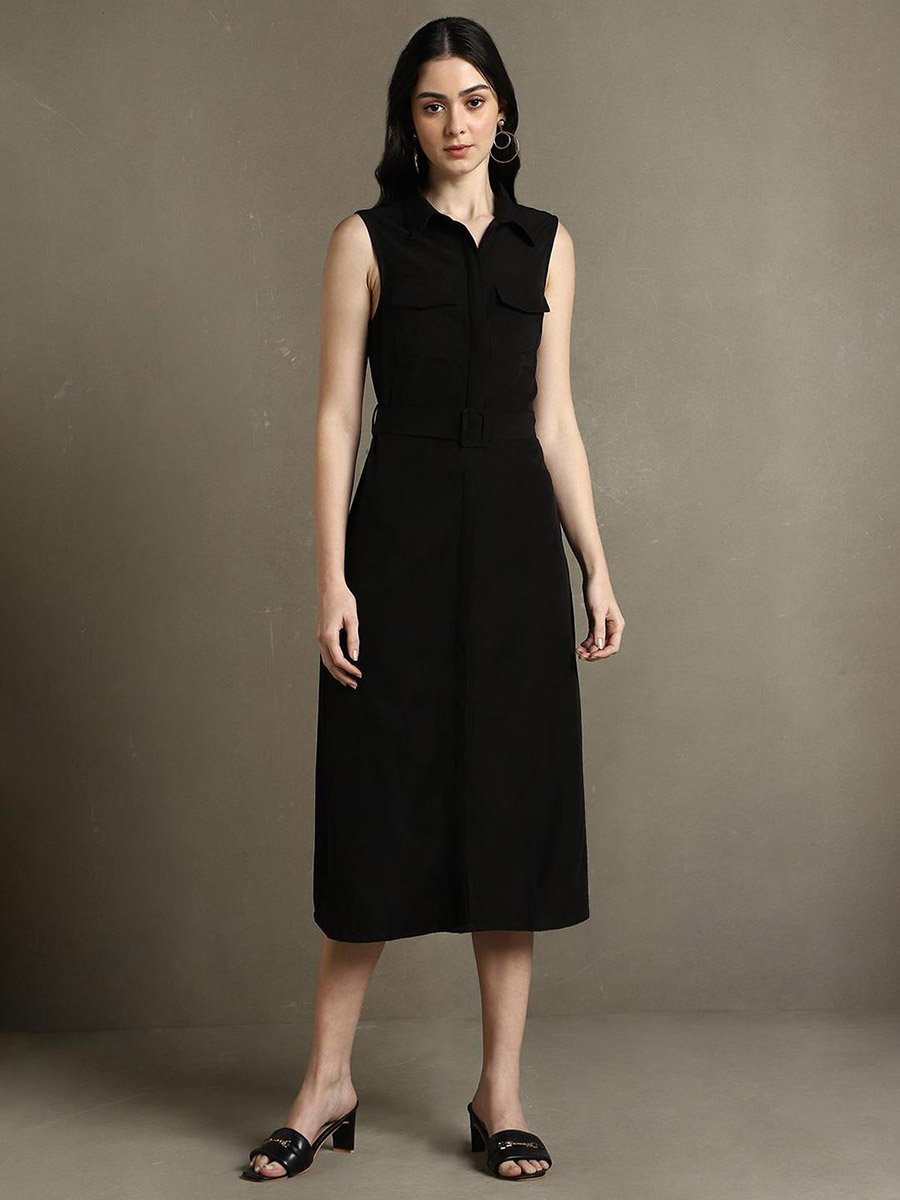 Sleeveless Belted Shirt Midi Dress