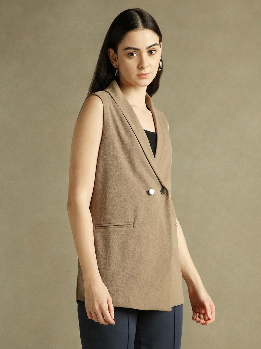 Solid Button Sleeveless Longline Blazer