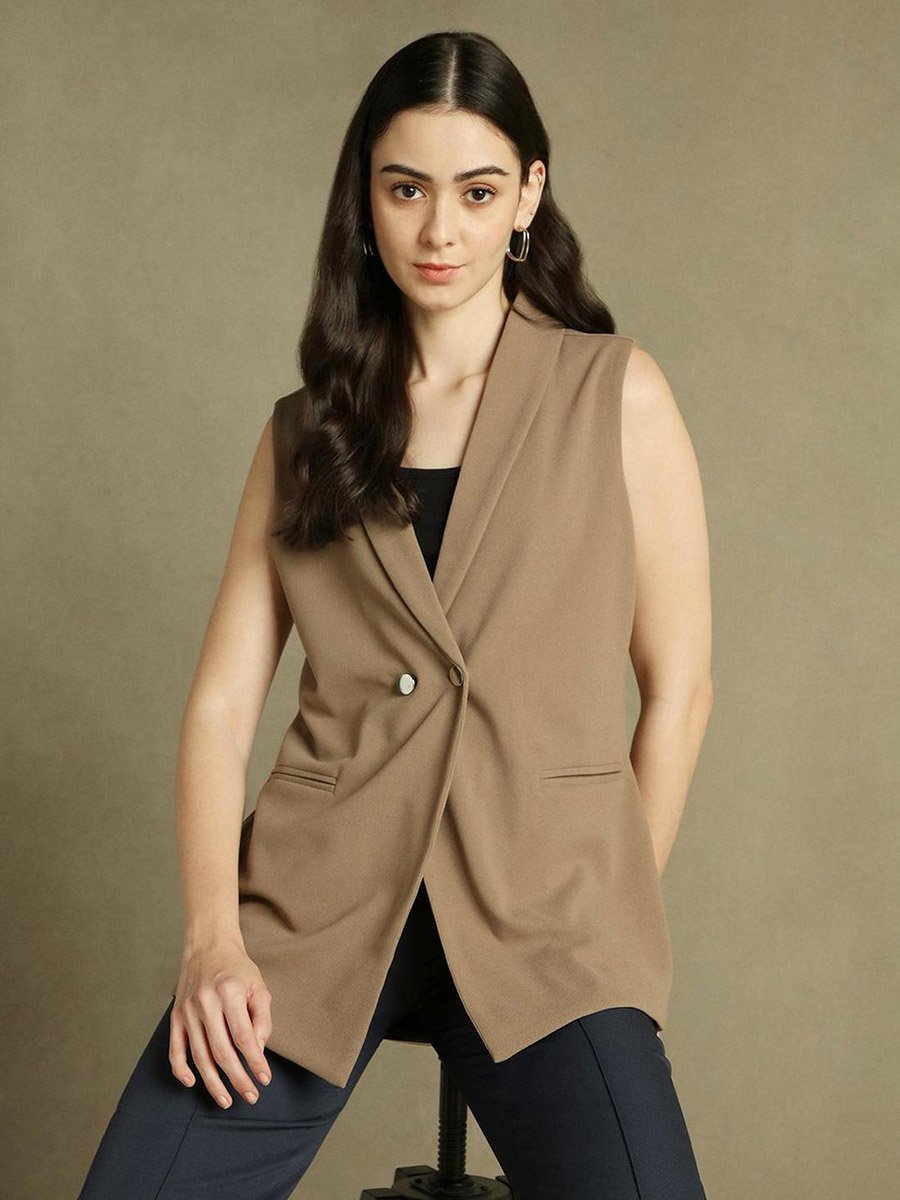 Solid Button Sleeveless Longline Blazer