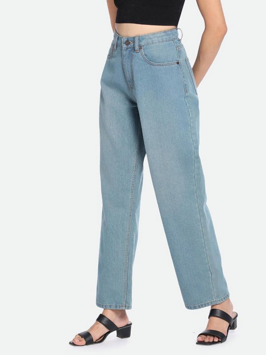 Mid Wash Straight Leg Jeans 
