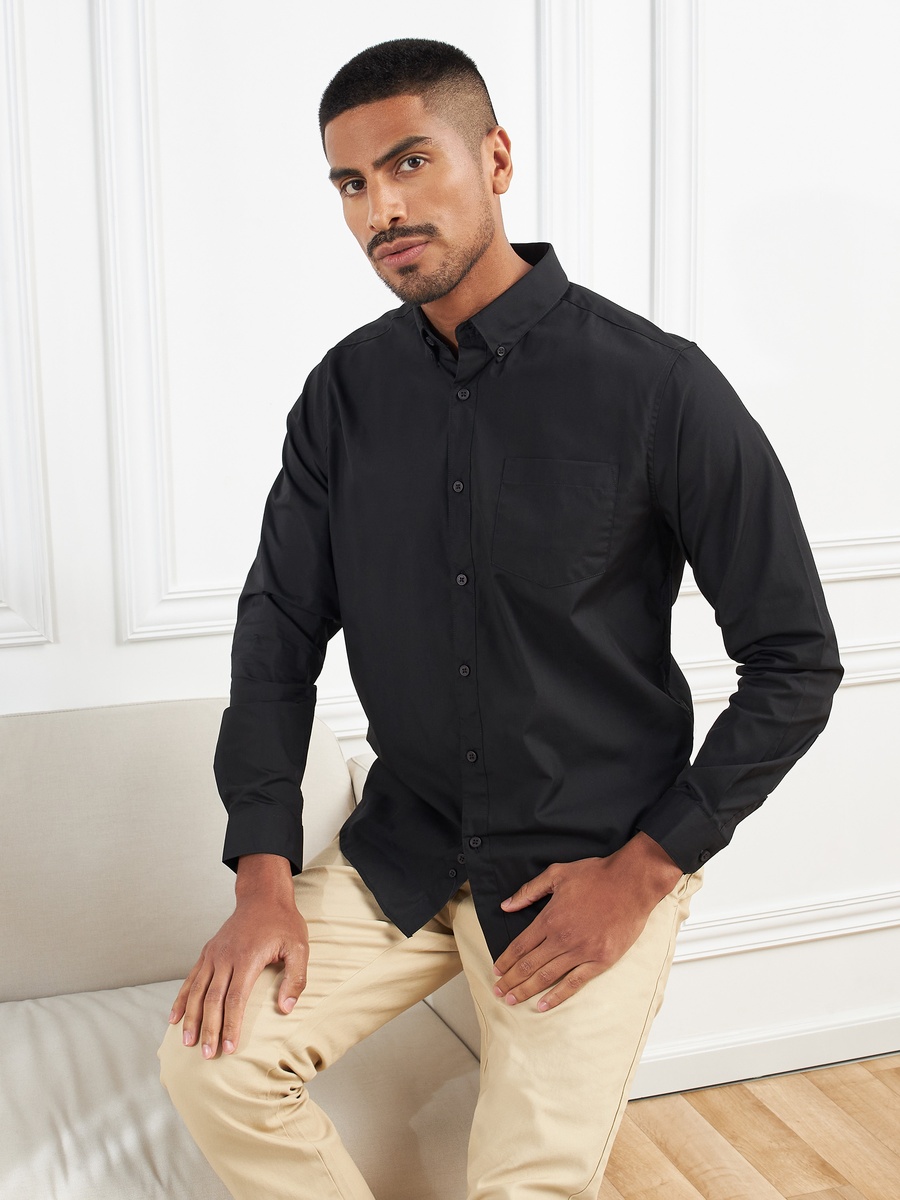 Plain Long Sleeves Shirt with Button Closure and Pocket