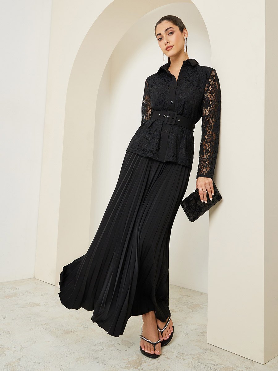 Lace Belted Shirt and Pleated Skirt Co-Ords