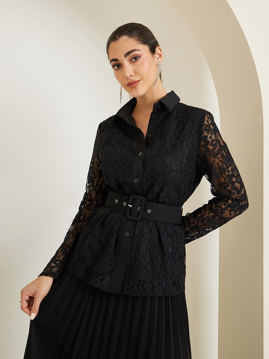 Lace Belted Shirt and Pleated Skirt Co-Ords