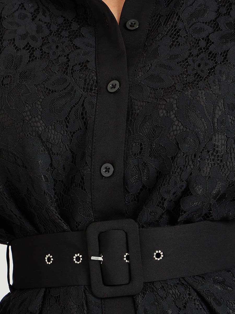 Lace Belted Shirt and Pleated Skirt Co-Ords