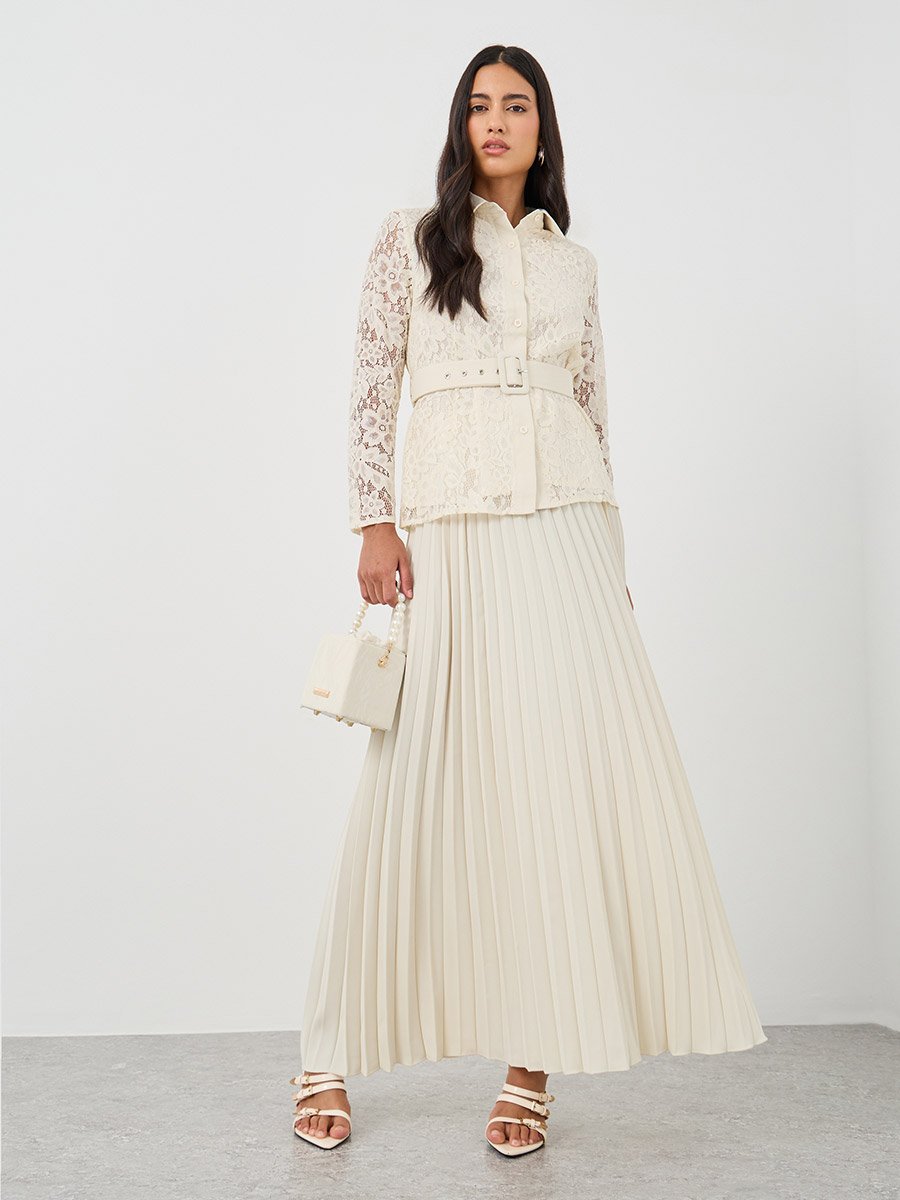 Lace Belted Shirt and Pleated Skirt Co-Ords