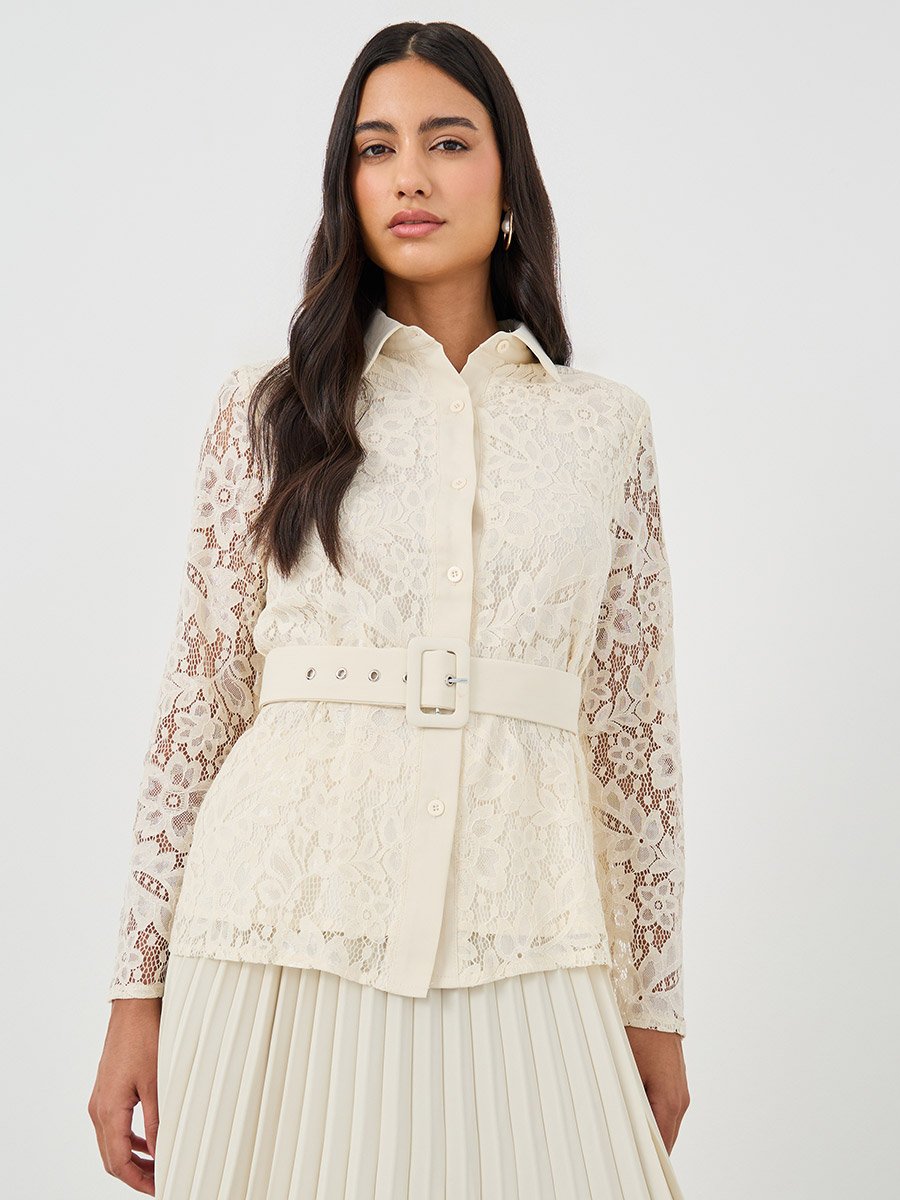 Lace Belted Shirt and Pleated Skirt Co-Ords
