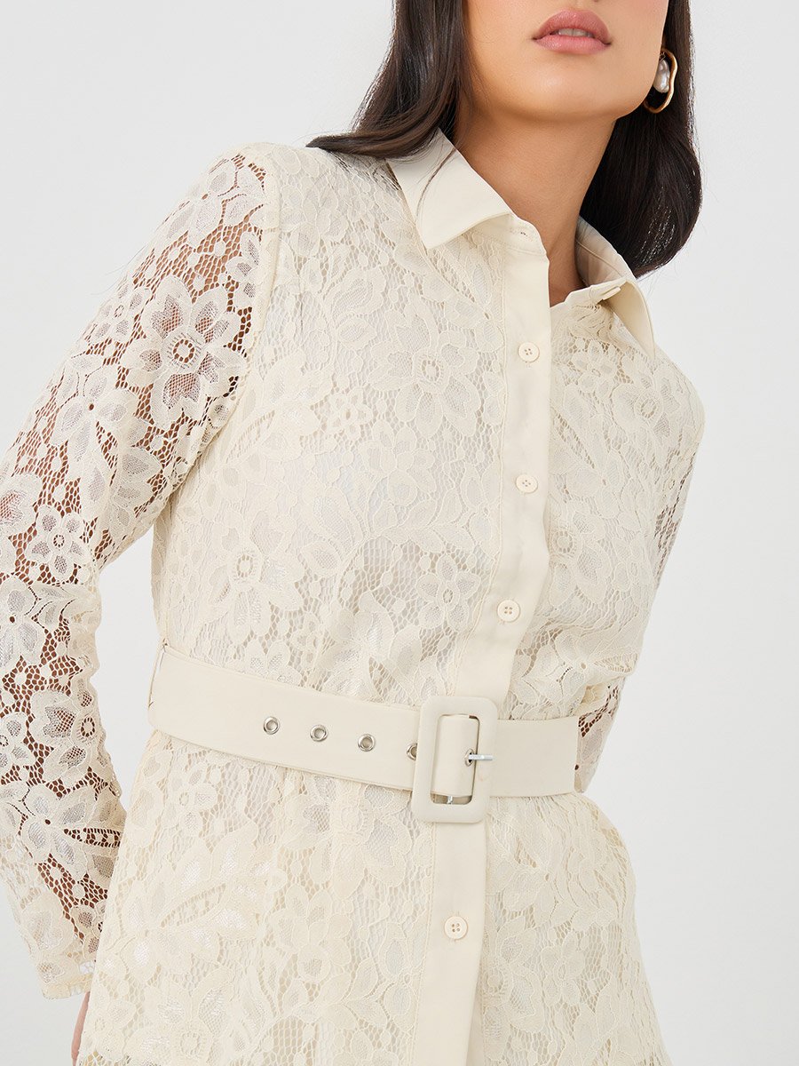 Lace Belted Shirt and Pleated Skirt Co-Ords