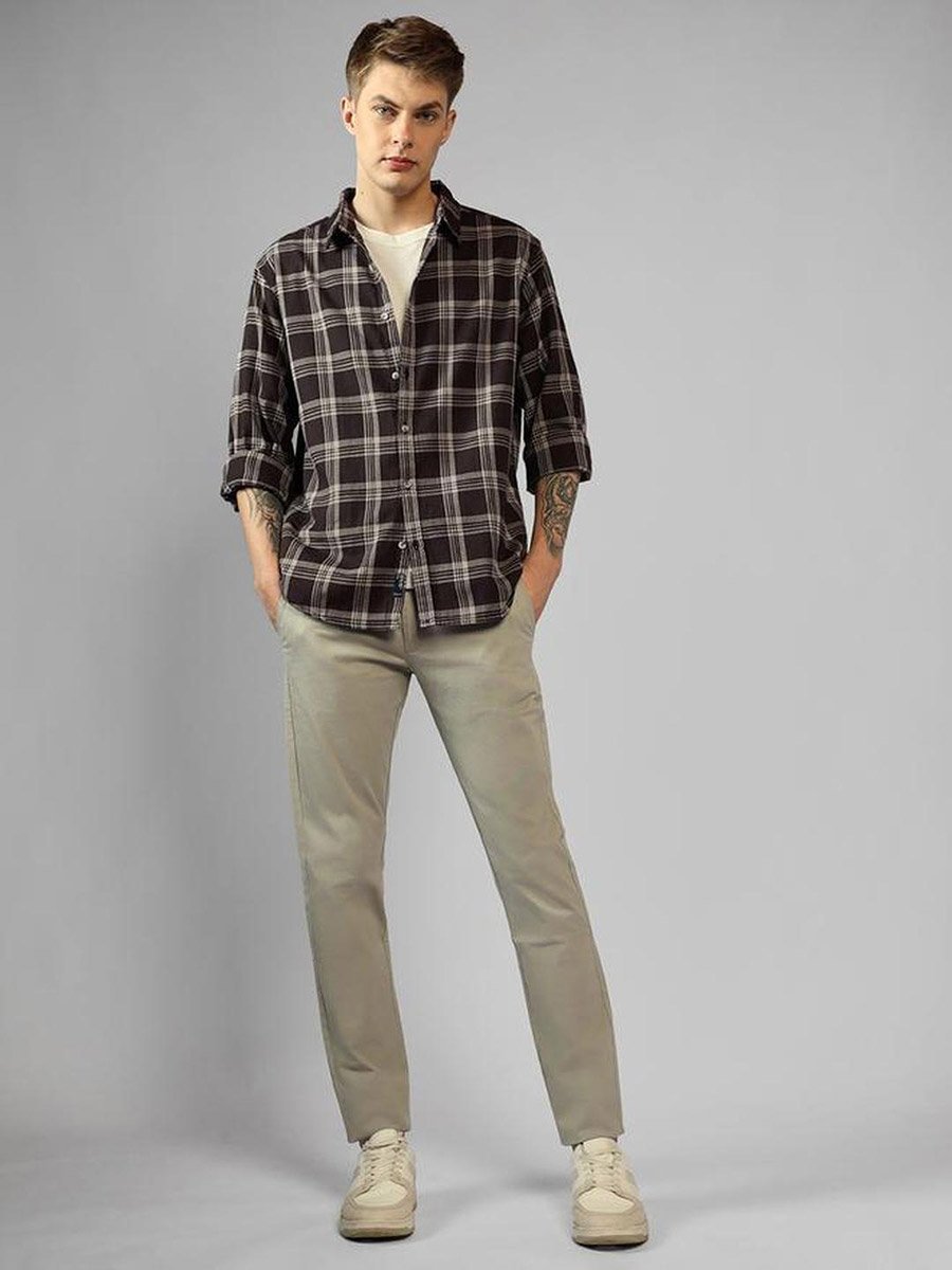 Checked Button Down Collar Long Sleeve Casual Shirt