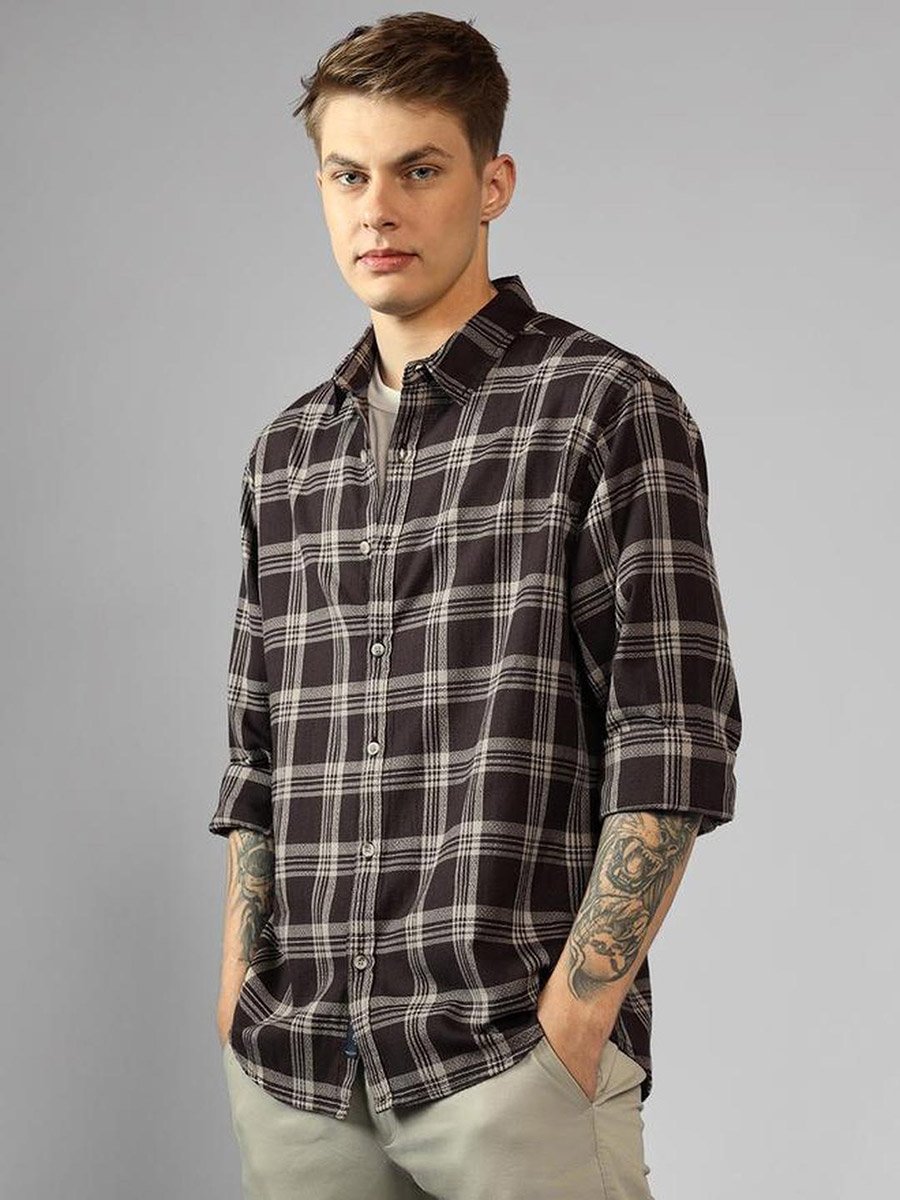 Checked Button Down Collar Long Sleeve Casual Shirt