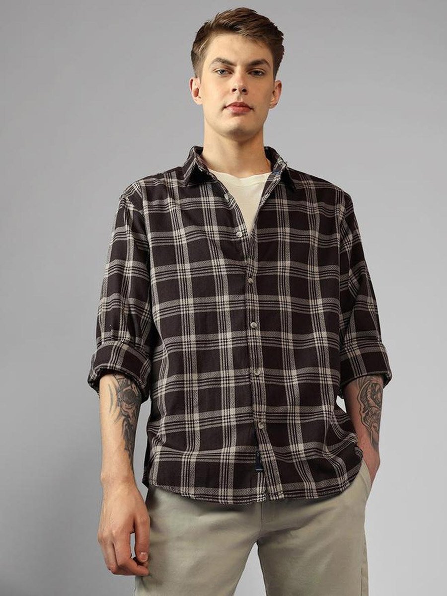 Checked Button Down Collar Long Sleeve Casual Shirt