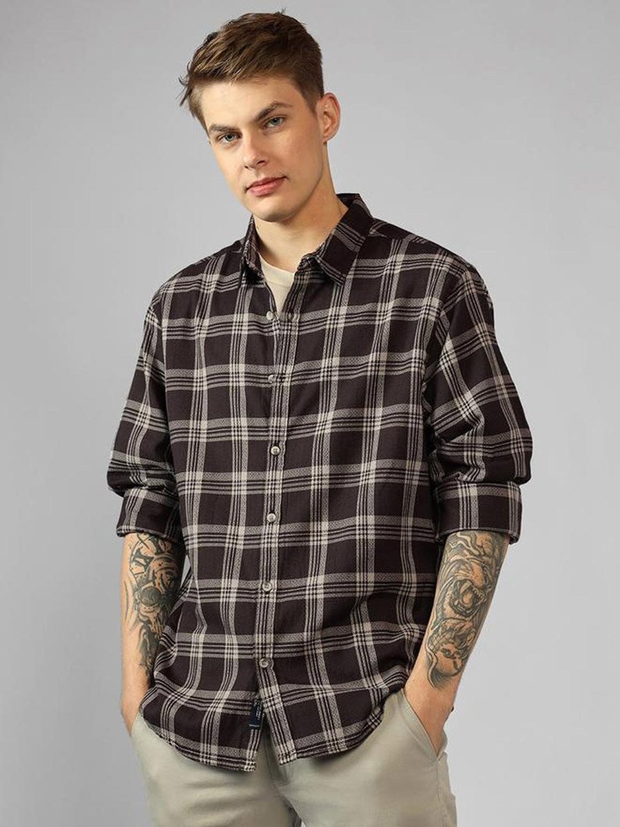 Checked Button Down Collar Long Sleeve Casual Shirt