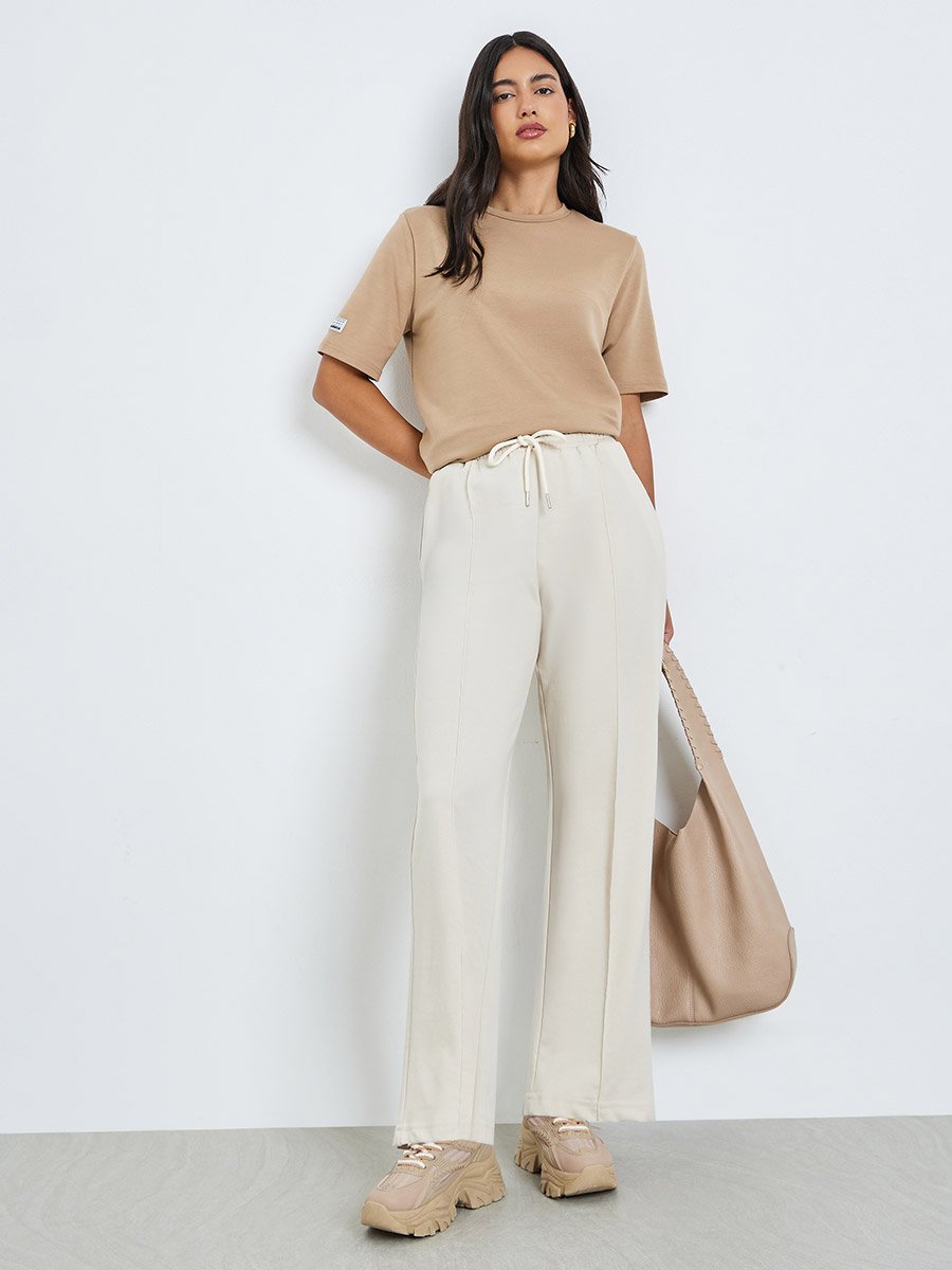Beige Knitted Joggers with Drawstring Waist